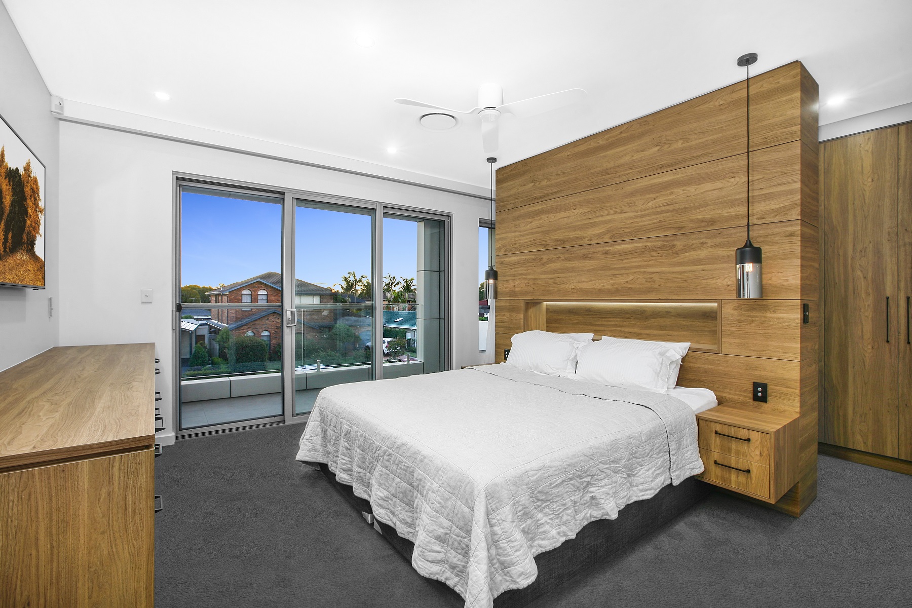 Likewood bed head with feature open shelf and LED lighting - Chipping Norton, Sydney