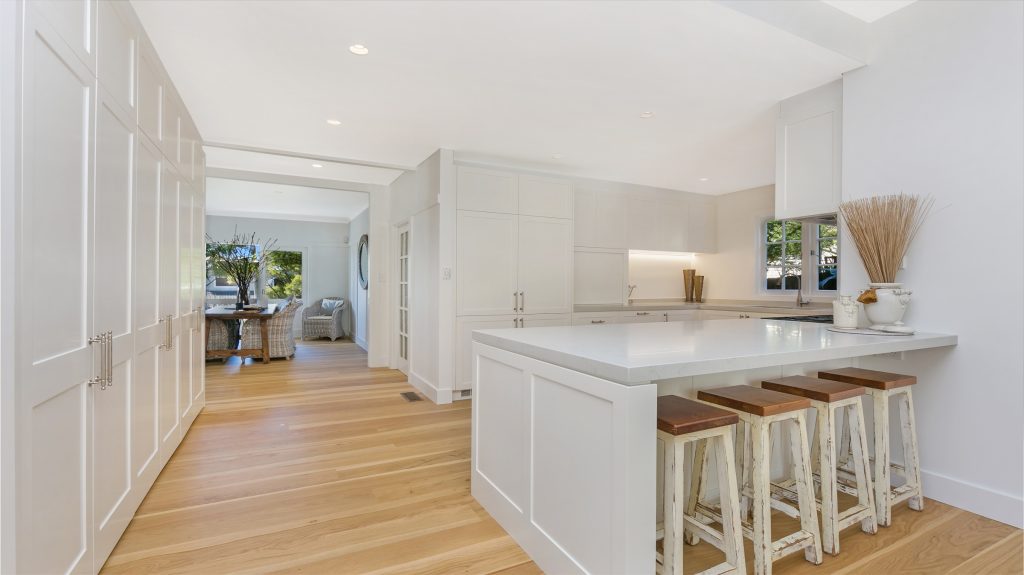 Collaroy Sydney, Satin Polyurethane Shaker Style kitchen with a Caesarstone Noble Grey benchtop