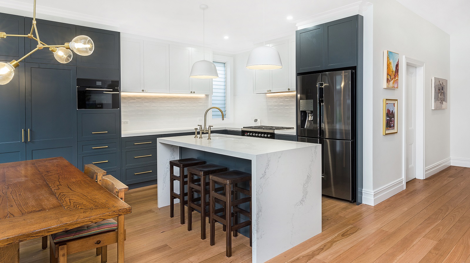Annandale, Shaker style kitchen, Caesarstone bench with waterfall return, Blue Rhapsody door colour