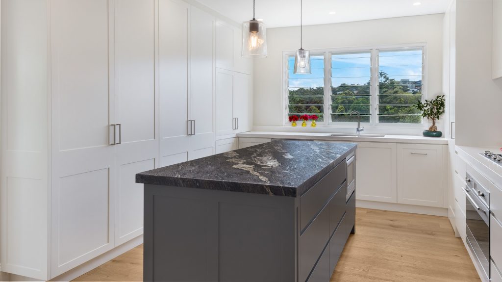 AFTER Greenwich Renovation, Shaker Style kitchen in a polyurethane finish with a Cosmic Black Granite benchtop
