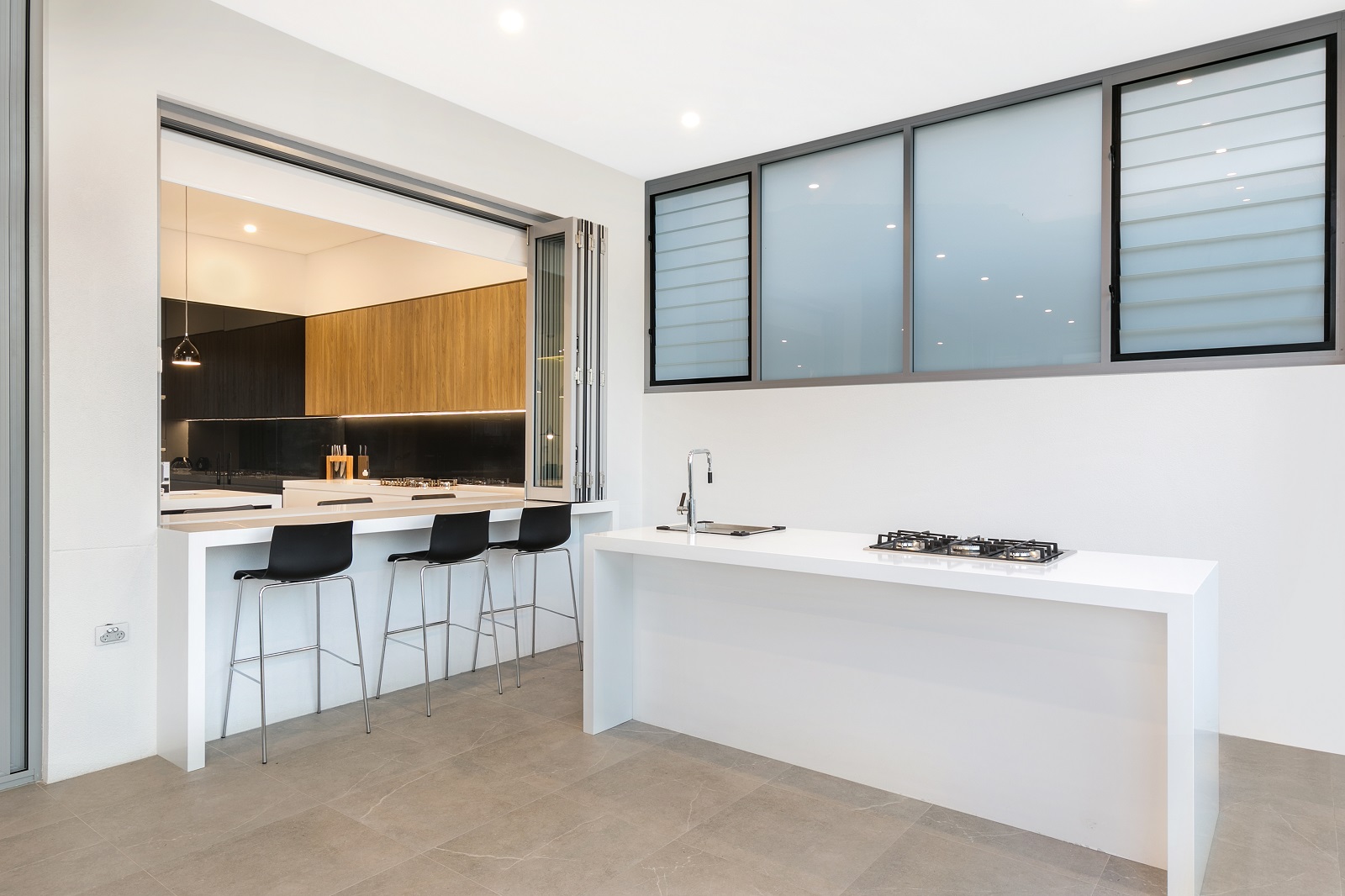 Guildford Sydney, Ultraglaze / Likewood kitchen with a feature island cube in a Calacutta Marble