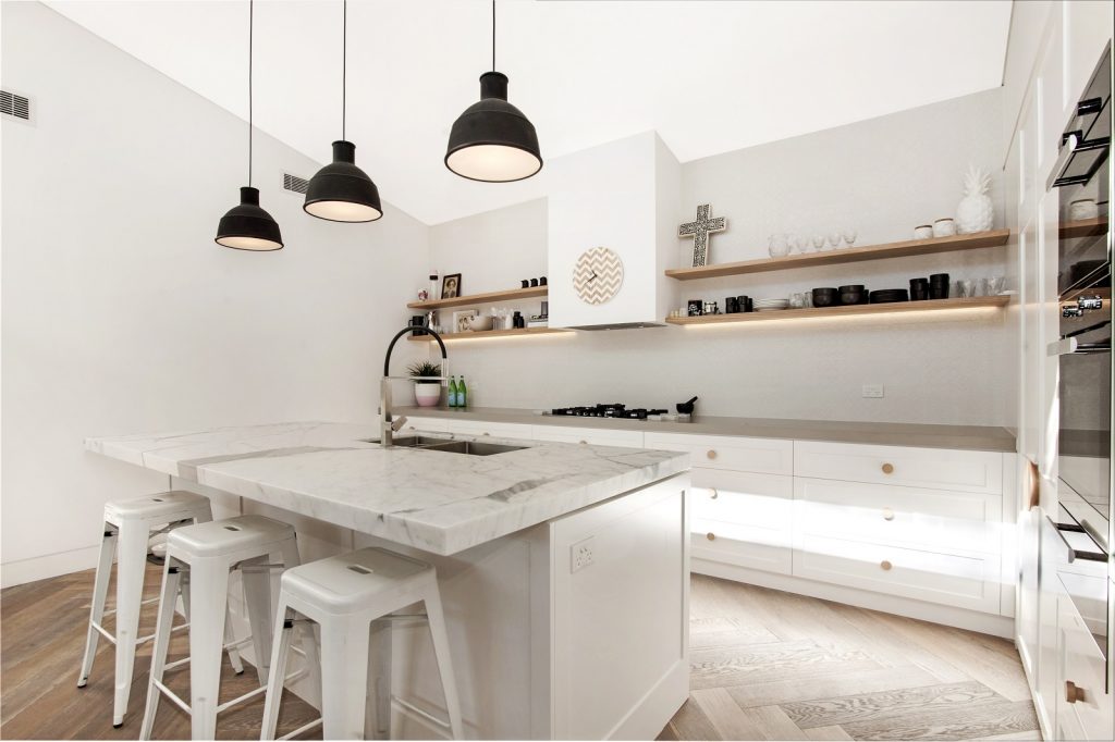 Northbridge Sydney, Satin Polyurethane Shaker Style kitchen with a Calacatta Marble Island Benchtop