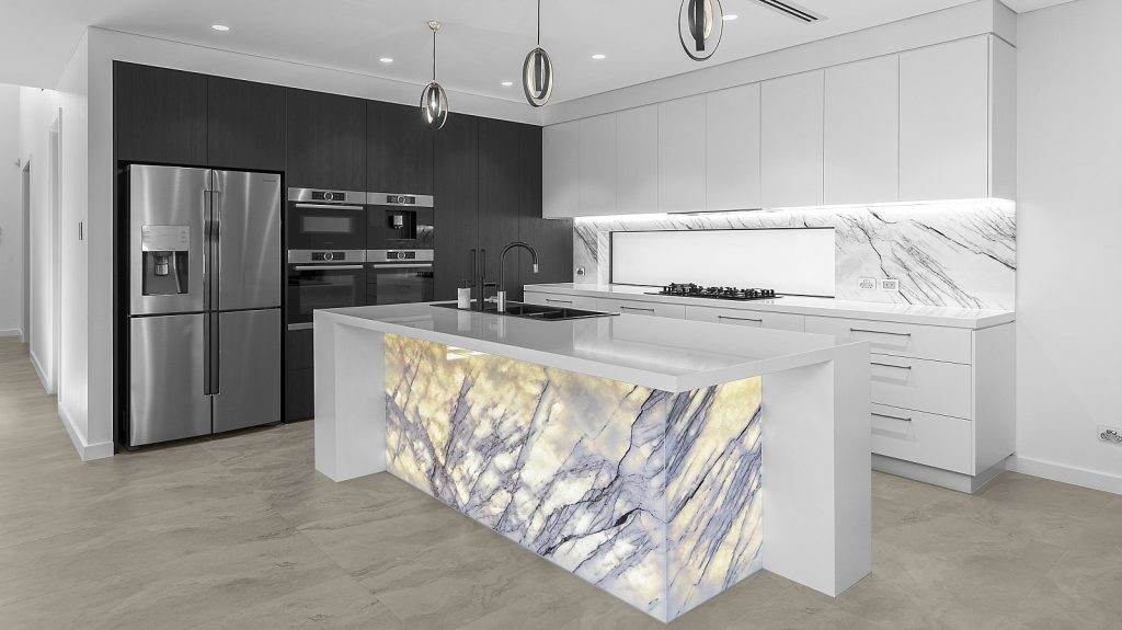 Sefton Kitchen, Polyurethane and Likewood doors with a New York Marble feature panel