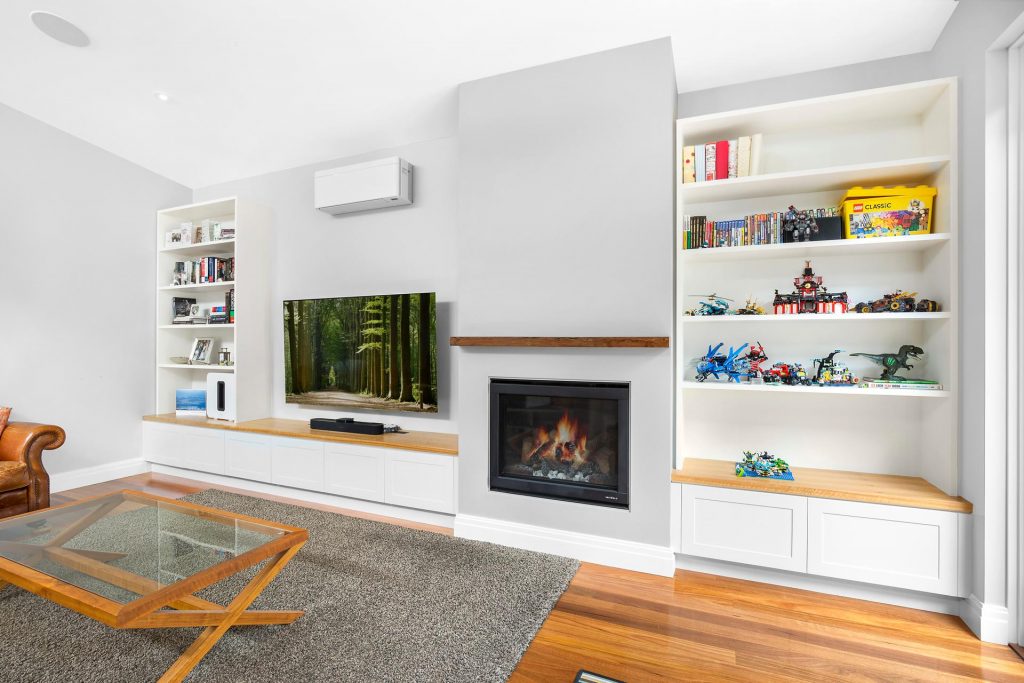Shaker Style AV Unit with open shelving and a Veneer Benchtop - Annandale, Sydney