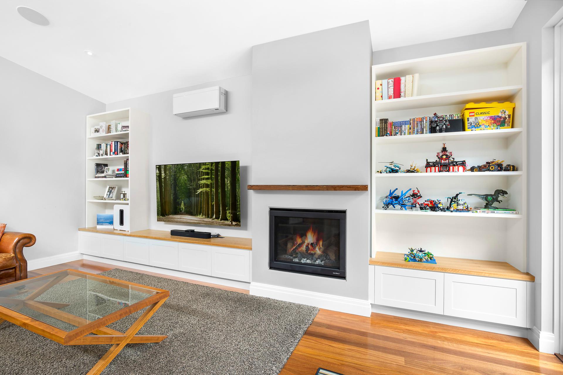 Shaker Style AV Unit with open shelving and a Veneer Benchtop - Annandale, Sydney