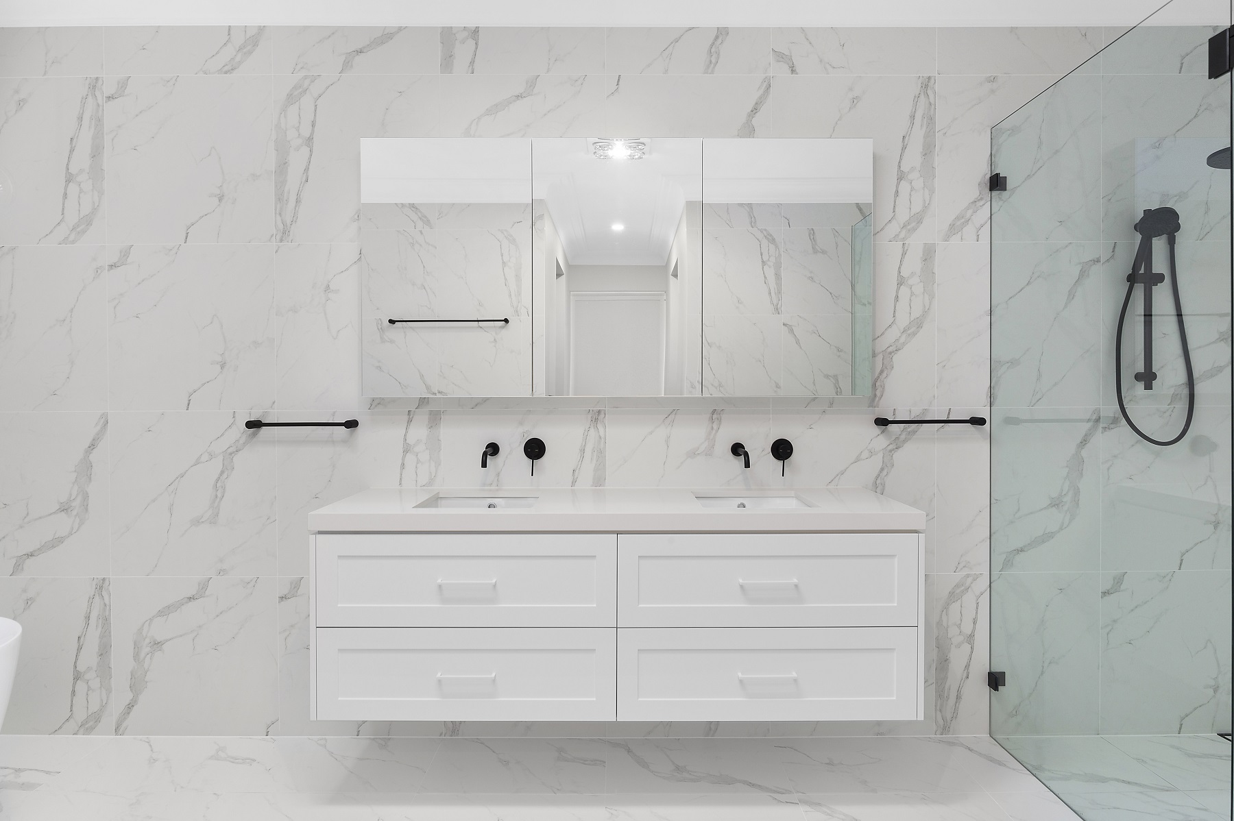 Shaker style double basin vanity with mirror cabinets above - Kellyville, Sydney