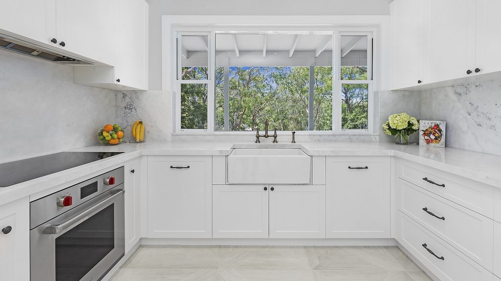AFTER Oatley Renovation, Shaker style kitchen with a Carrara marble benchtop
