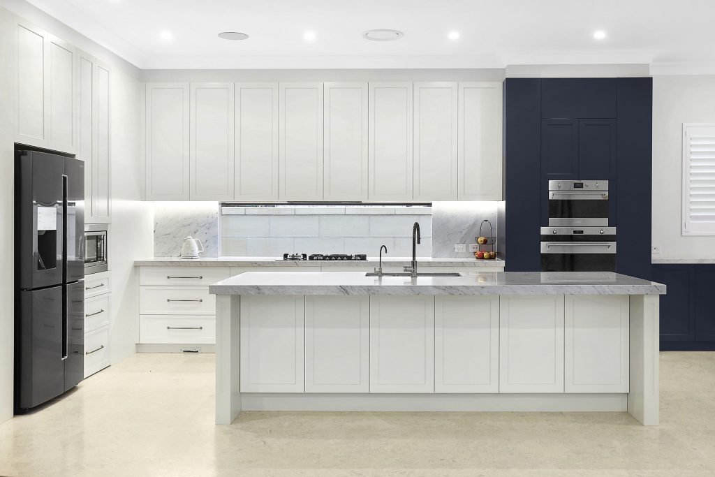 Earlwood, Shaker style two-tone Polyurethane kitchen with a Carrara marble benchtop