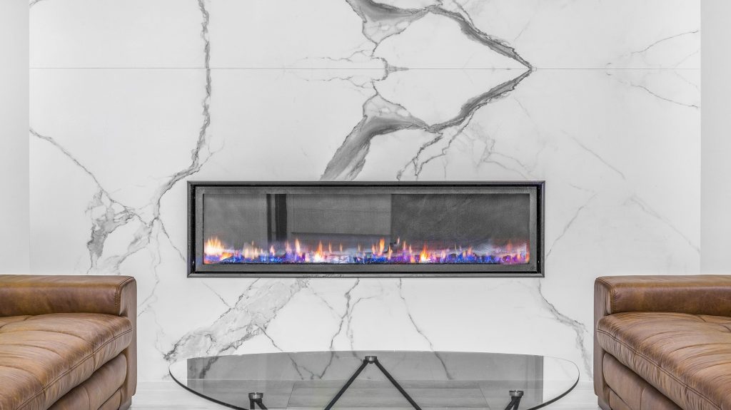 Fireplace with Quantumsix + wall cladding in Statuario, Twin Creeks, Sydney