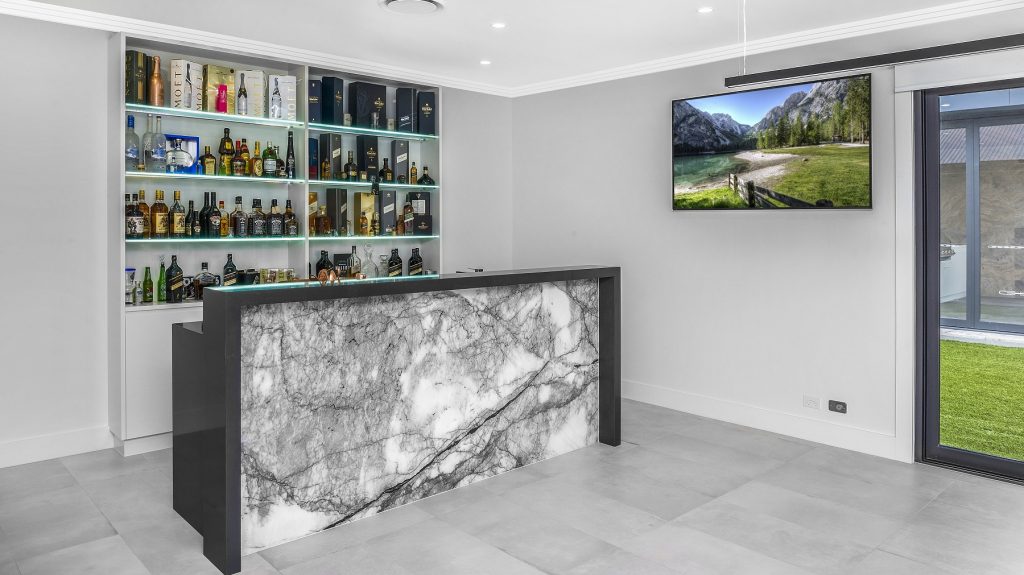Games room bar area with New York Marble - Twin Creeks, Sydney
