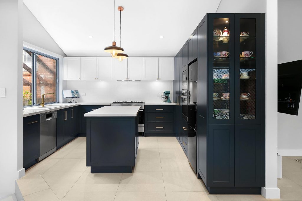 Barden Ridge, Satin Polyurethane Shaker Style kitchen with an illuminated display unit and Island Bench
