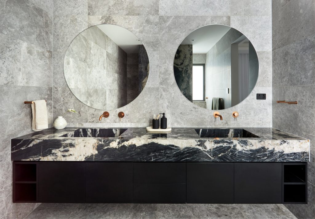 Fenix Double Vanity with Marble stone top and open shelving - Strathfield, Sydney