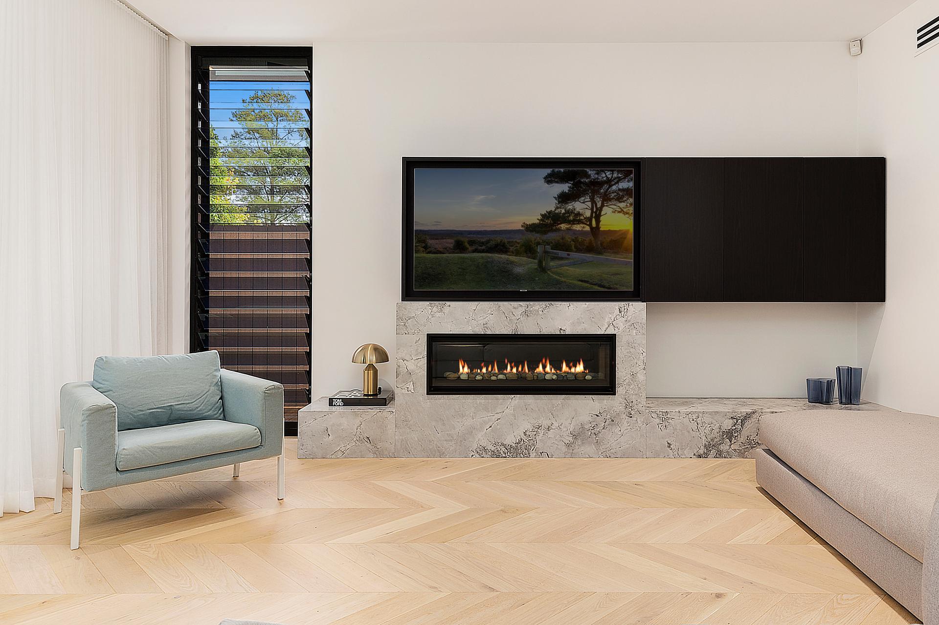 Fireplace with stone feature and Veneer push open AV cupboards - Concord, Sydney