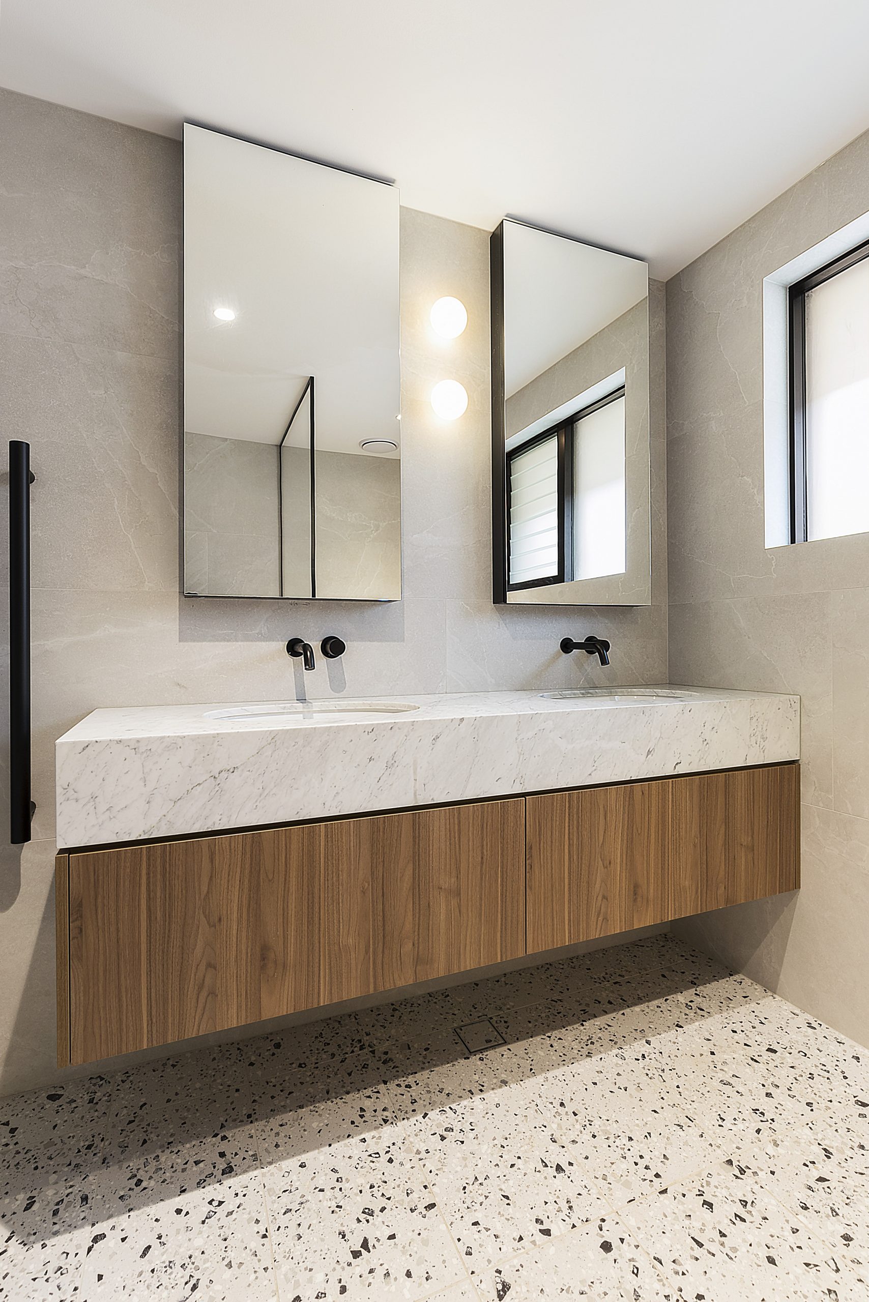 Polytec Woodmatt double vanity with a Carrara Marble top and mirror cabinets - Concord, Sydney