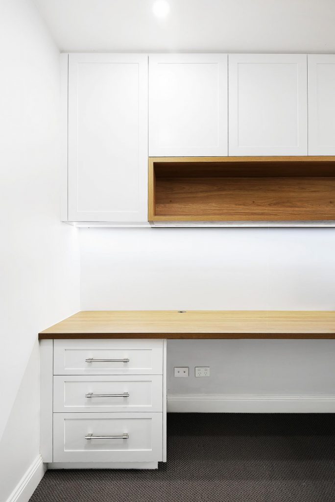 Polyurethane Shaker style study desk with a laminate benchtop and open shelf - Brighton Le Sands, Sydney