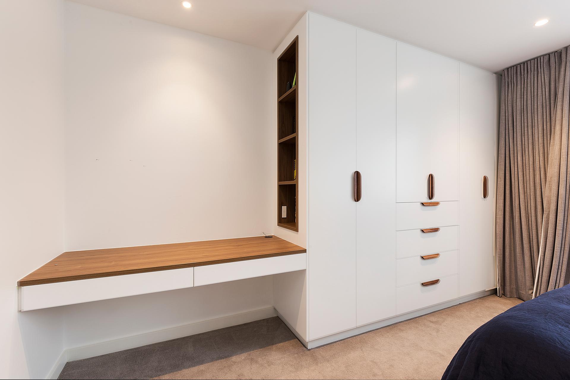 Satin Polyurethane wardrobe and study desk with a Polytec Woodmatt top - Concord, Sydney